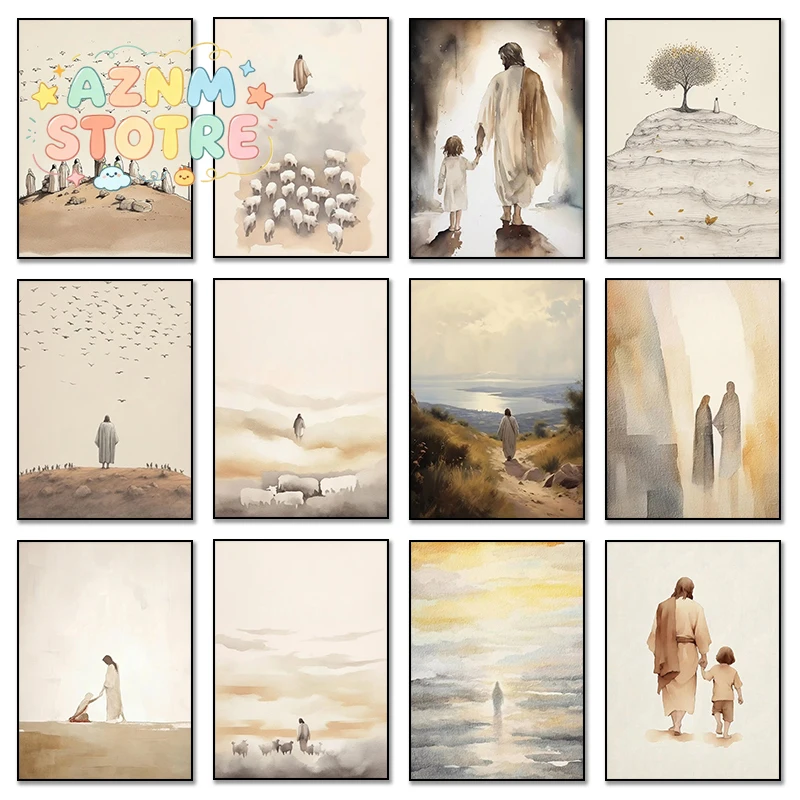 Póster de acuarela con diseño de Jesús y ovejas, arte de pared impreso en lienzo para sala de estar o cuarto infantil