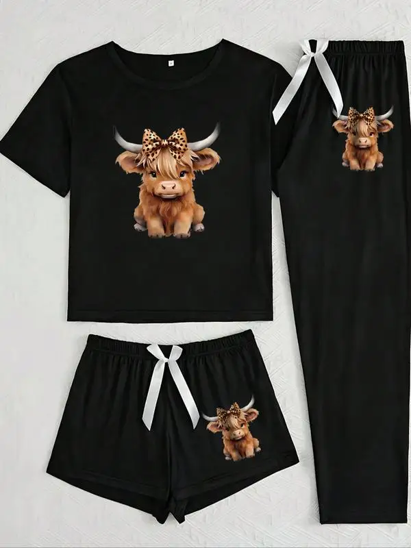 Cartoon Highland Cow Print Women's Pajama Sets, Casual All Seasons Nightwear, Fitted Knitted Fabric Sleepwear