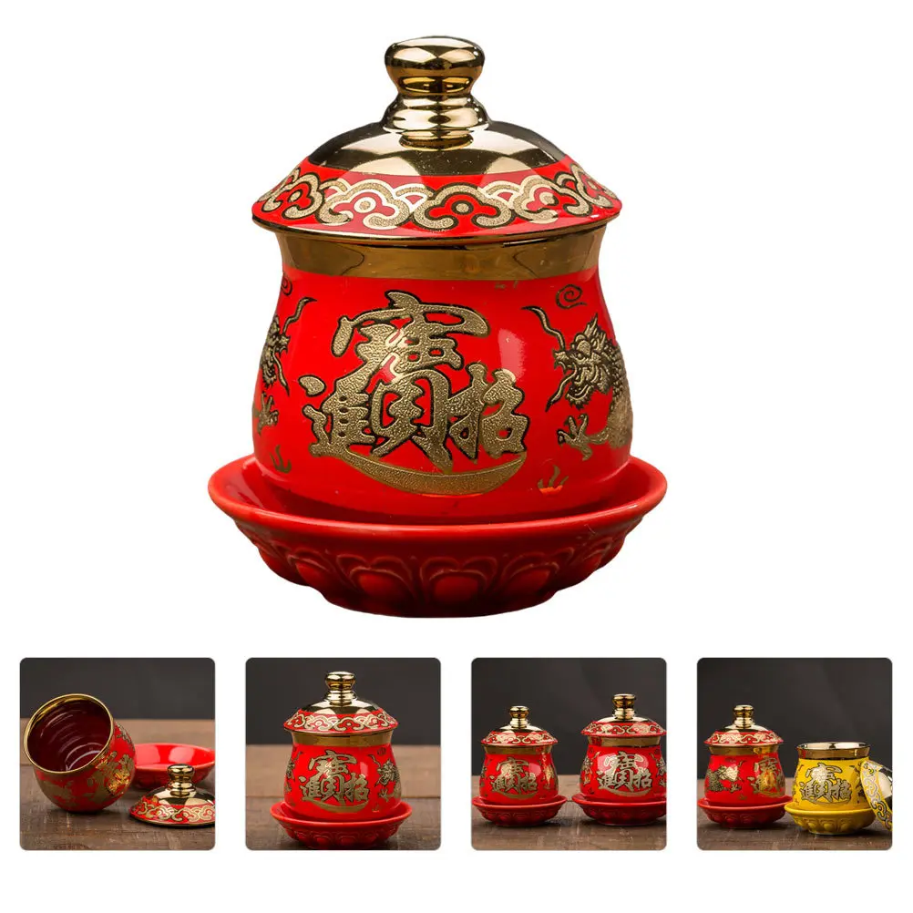 

Ceramic Holy Water Cup with Lid for Buddhist Worship Temple Use Auspicious Pattern Offering Supply Water Cup Worship Supplies