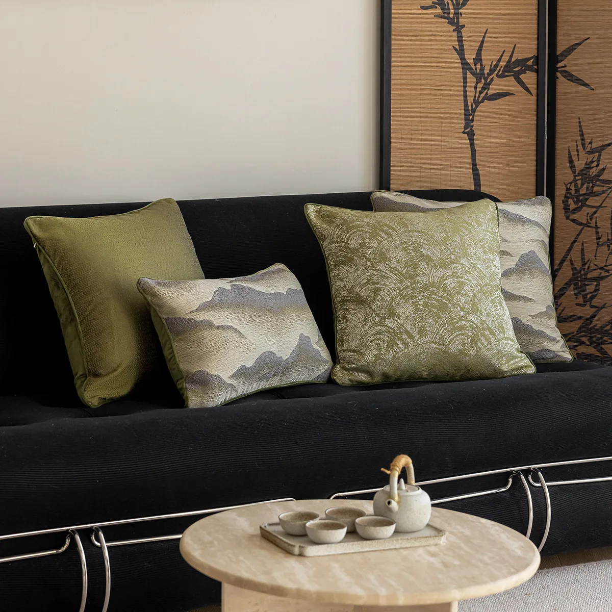 

Chinese Retro Green Cushion Cover Mountain Texture Yarn Dyed Jacquard Pillow Covers Decorative Home Decor Pillow Case for Sofa