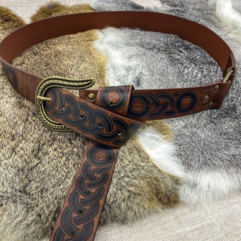 Mens Embossed PU Belt Medieval Belt Vintage O-Ring Leather Belt Knot Pattern Belt Knight Belt