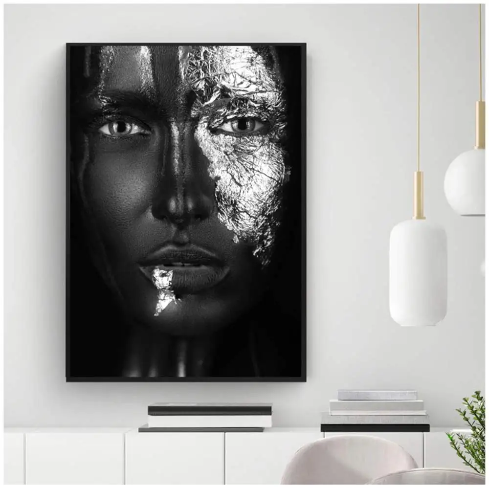 Dark skinned Girl With Silver Make-up Paintings African Art Black Women Oil Painting On Canvas Cuadros Posters For Liiving Room