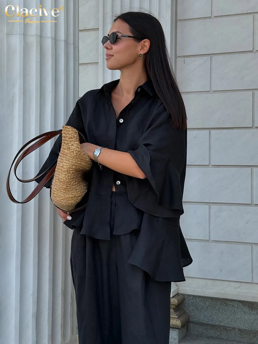 

Модный комплект Clacive: свободные черные хлопковые брюки и элегантная женская рубашка с длинным рукавом и широкими брюками с высокой талией