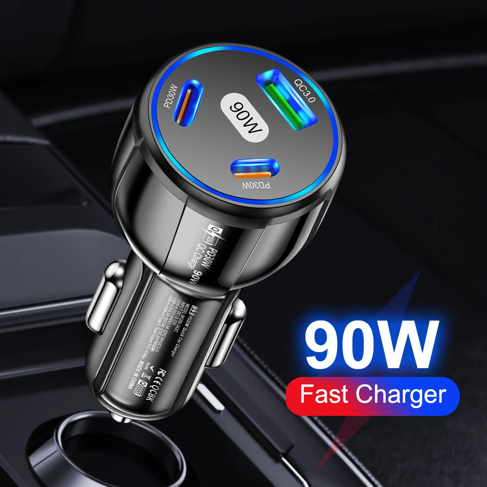 90W PD Car Charger 3 Ports Fast Charging USB Type-C Cigarette Lighter For iPhone Xiaomi Samsung Quick Charging Adapter In Car