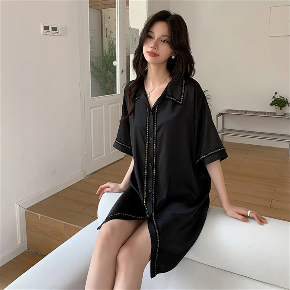 Female Black Sleepshirt Summer Back Hollow Nightdress Homewear Lace Turn-down Collar Loungewear Nightgown Lingerie Shirt Dress