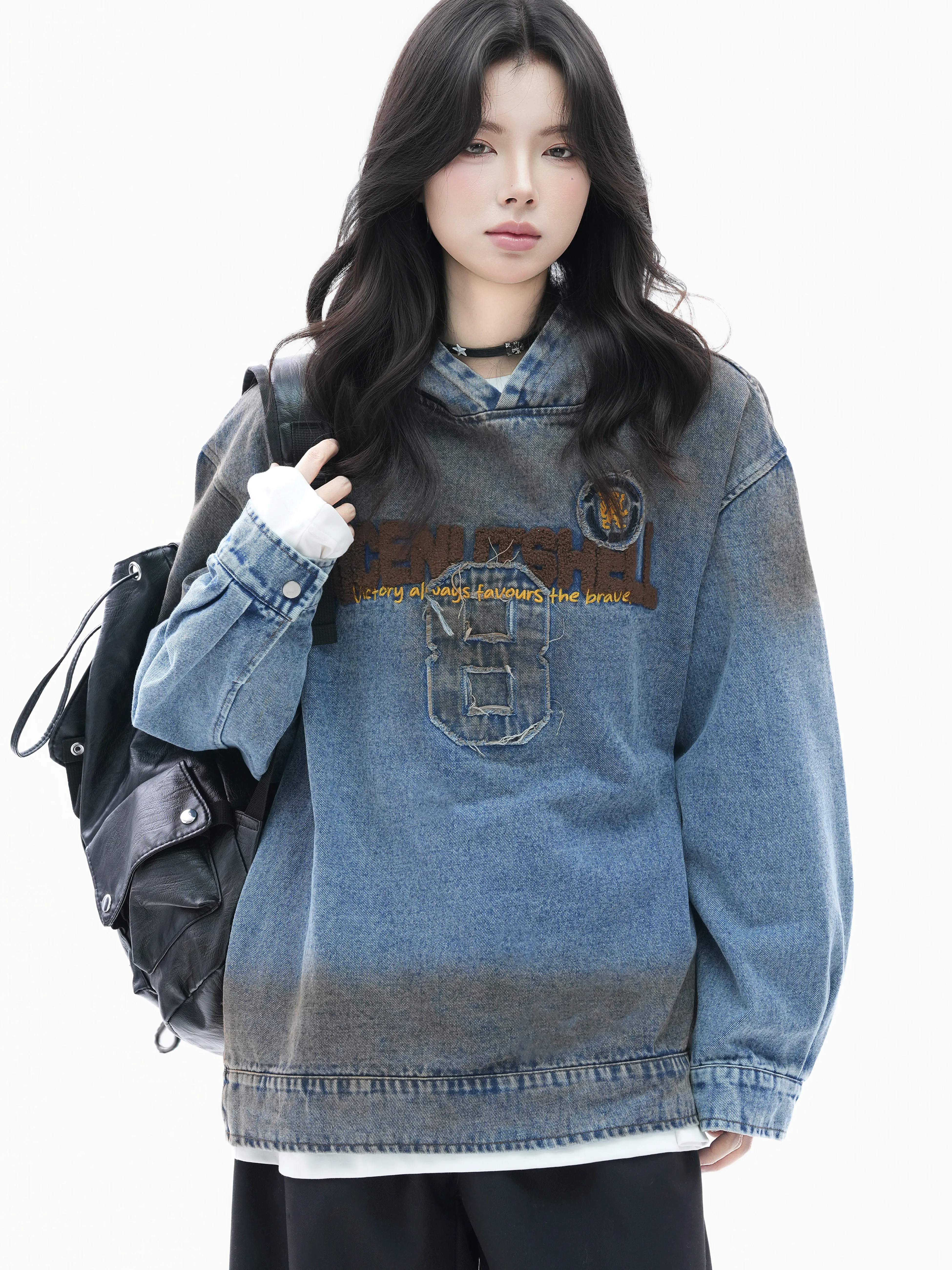Women Denim Sweatshirt 2026 Retro Distressed Washed Denim Hoodie Unique Design Loose Oversized Women Street Outerwear Coat