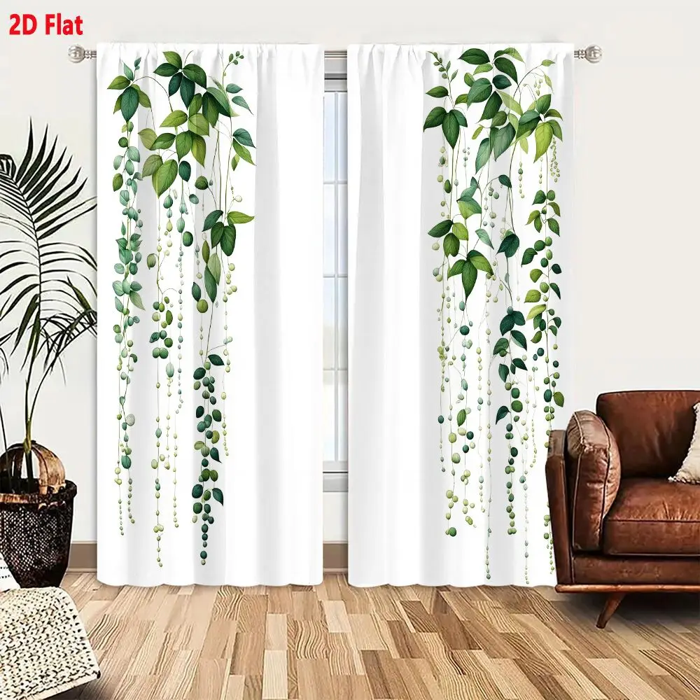 2Pcs Curtains 2D Flat Cascading Green Vines With Berries Botanical Illustration Window Drapes for Bedroom Room Decor Decoration