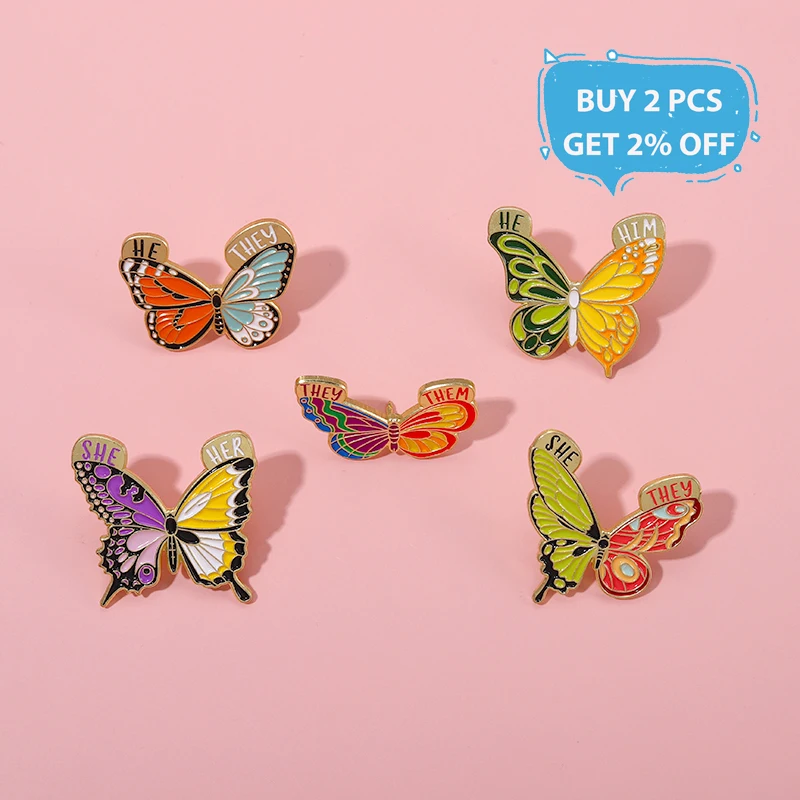 5 Style Butterfly Enamel Pin Third Person Pronouns He/him She/Her They/Them Brooches Clothes Lapel Pin Gift For Friend Jewelry