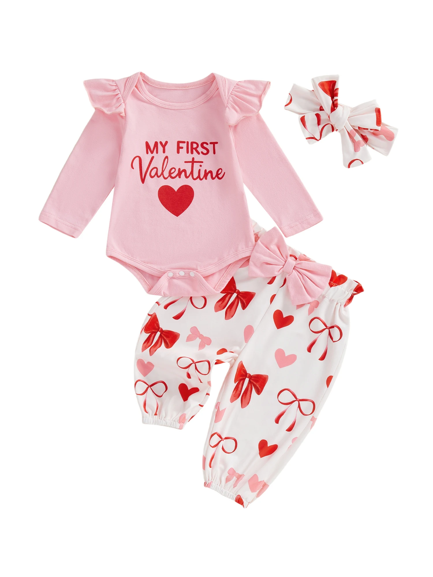 

Valentine s Day Toddler Girls 3 Piece Set Long Sleeve Heart Print Romper Headband Elastic Waist Pants Outfit