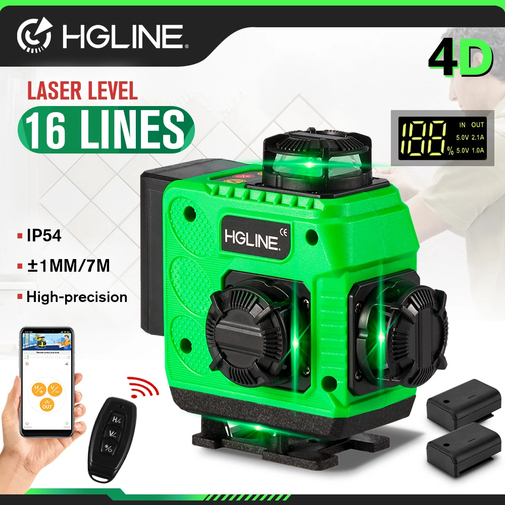 

HGLINE 4D 16-линейный лазерный уровень Green Line, самовыравнивающийся на 360 градусов ° Горизонтальный и вертикальный лазерный уровень с дистанционным управлением через приложение 30 м