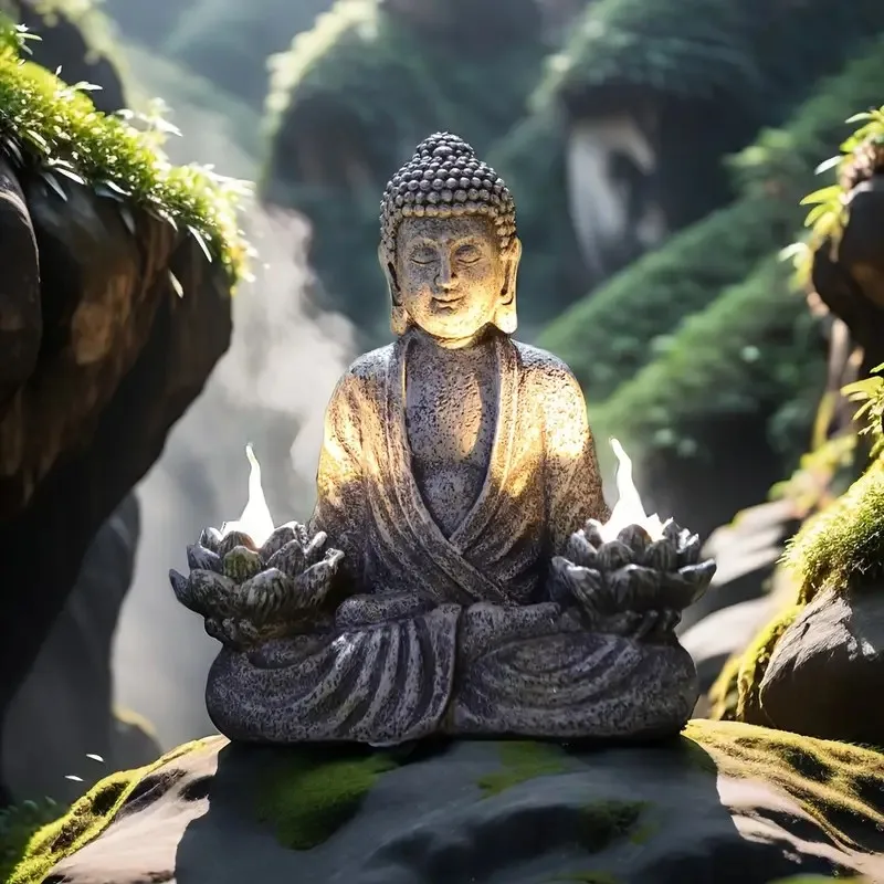1pc estátuas de buda de lótus com luzes led, decoração de escultura de buda de energia solar para jardim doméstico, quintal, pátio, ioga.