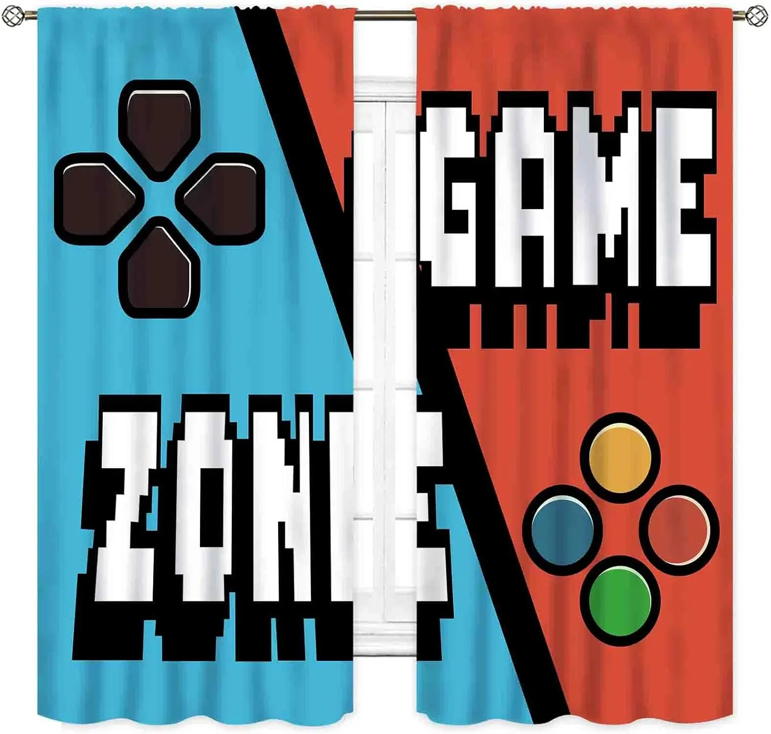 Gaming Curtains for Boys Room, Kids Boys Teens Game Controller Video Gamer Gamepad Blue Red Colorful Window Drapery Treatments