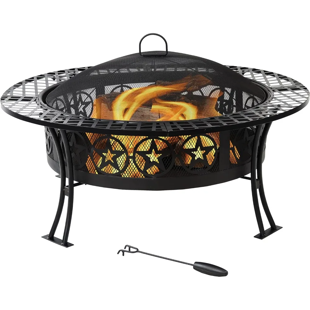 

40-Inch Round Steel Fire Pit Table with Durable Spark Screen and Poker - Portable Design - Black - Four Star