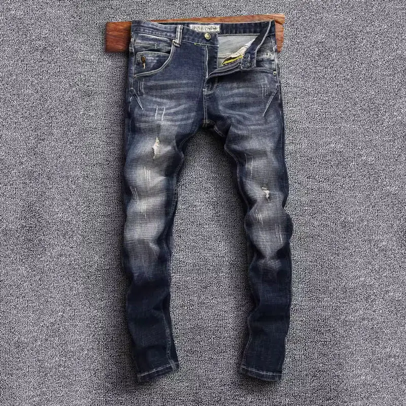 

Newly Fashion Men Jeans High Quality Retro Black Blue Stretch Slim Fit Ripped Jeans Men Spliced Designer Vintage Denim Pants