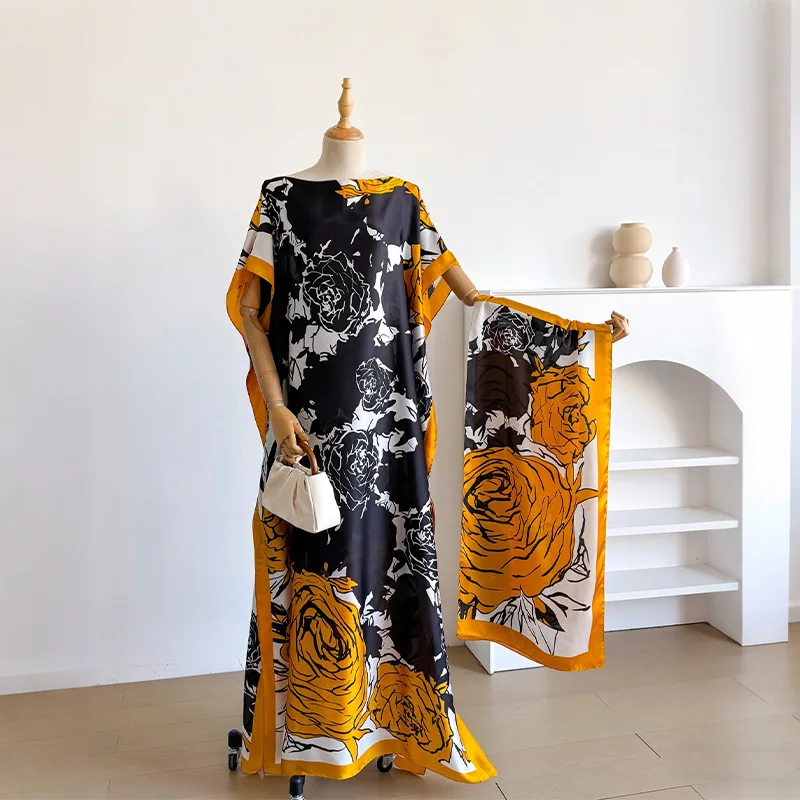 New Dubai Fashion Print Design Women Long Dress 2026 Summer Beach Party Loose Dress Silk Soft African Abaya Women Islam Clothing