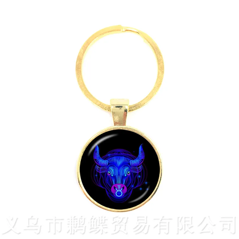 New 12 Zodiac Signs Keychains Retro Twelve Constellations Cabochon Glass Time Gem Pendant Keyring For Gift
