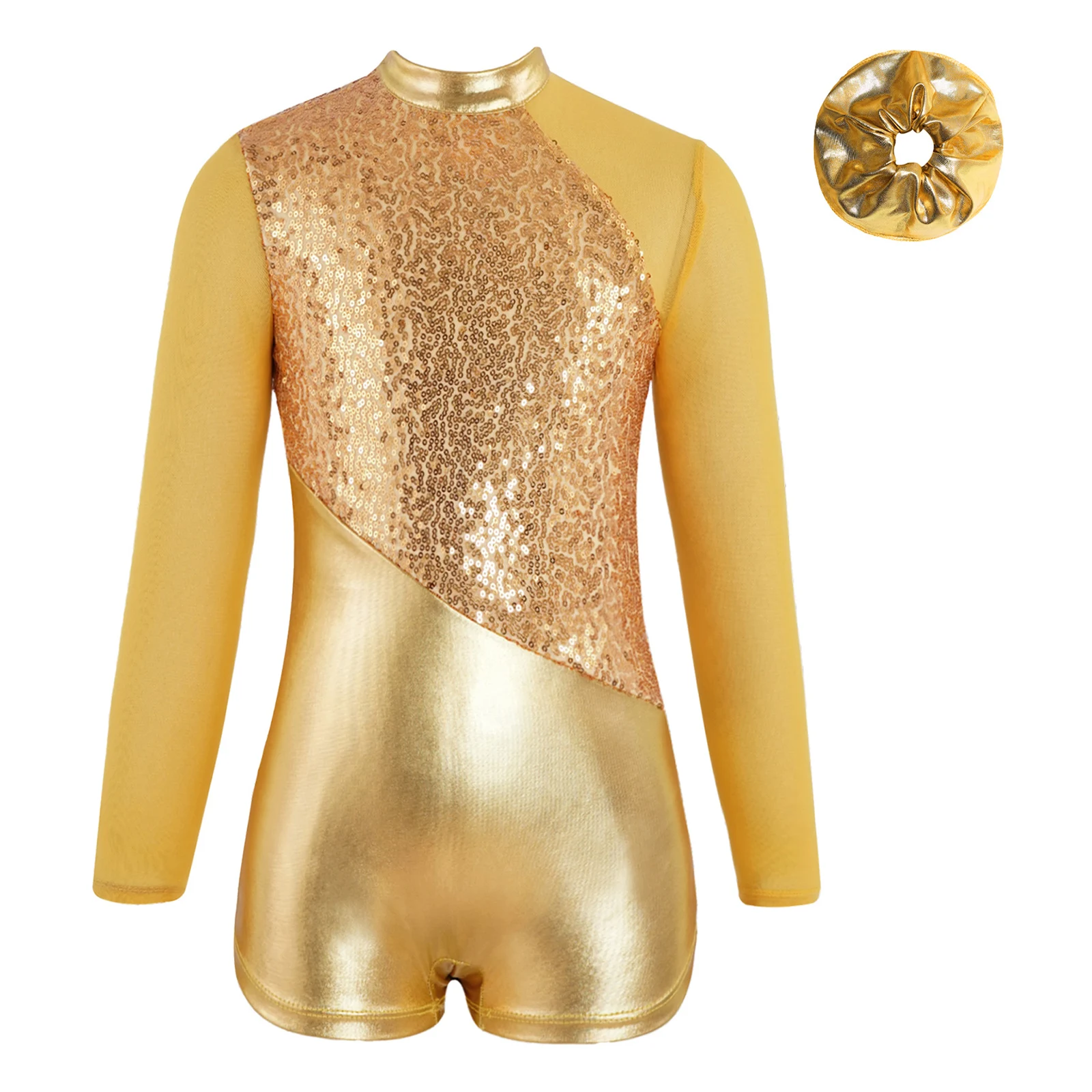 

Kids Girls Jazz Dance Bodysuit with Hair Band Outfit Mesh Patchwork Long Sleeve Sequins Modern Ballet Gymnastics Leotard Unitard