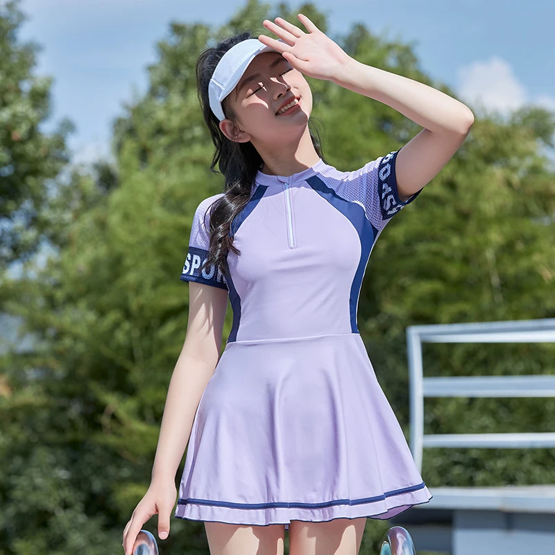 Girl One Piece Swimsuit Dress Short Sleeve Solid Pink Purple 16 Years Teenager Student Children Swimwear Beach Wear 2024 New