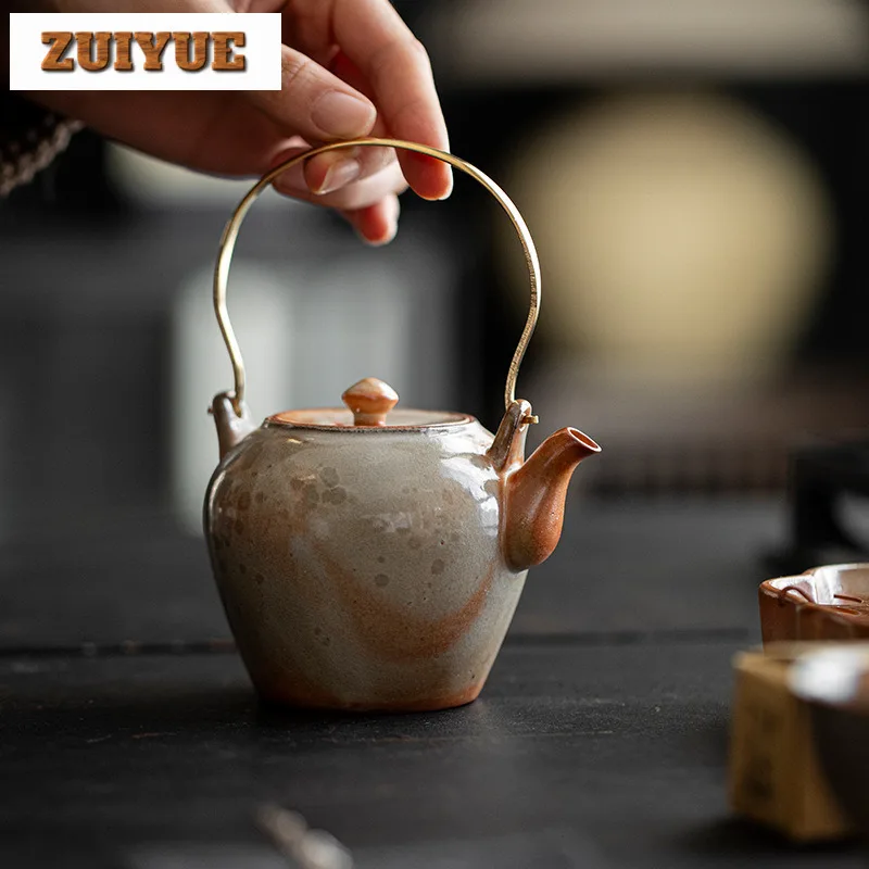 220ml Handmade Zhiye Wood-fired Porcelain Teapot Kiln Change Lifting Handle Pot Tea Maker Kettle Chinese Tea Set Supplies Gifts