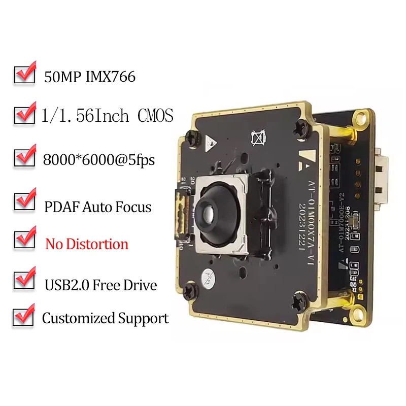 

CMOS IMX766 50 Мп 8160Hx6120V USB2.0 Модуль камеры Фазовое автофокусирование 72 градуса Без искажений UVC Free Drive OTG