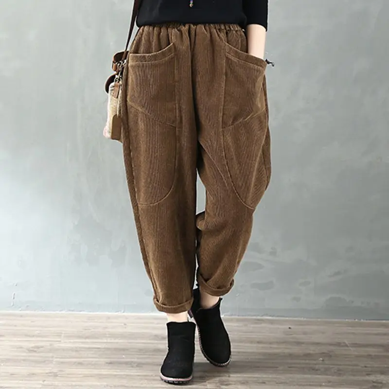 

Autumn and Winter Thick Corduroy Harun Pants for Women 2024 Look Thin Spliced Elasticized High-waisted Pockets Casual Pants