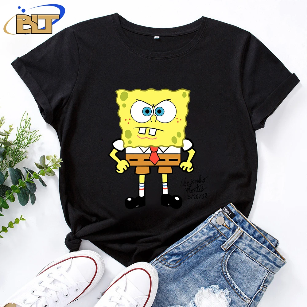 SpongeBob SquarePants Printed Women's T-Shirt Casual Top Black Cotton Short Sleeve