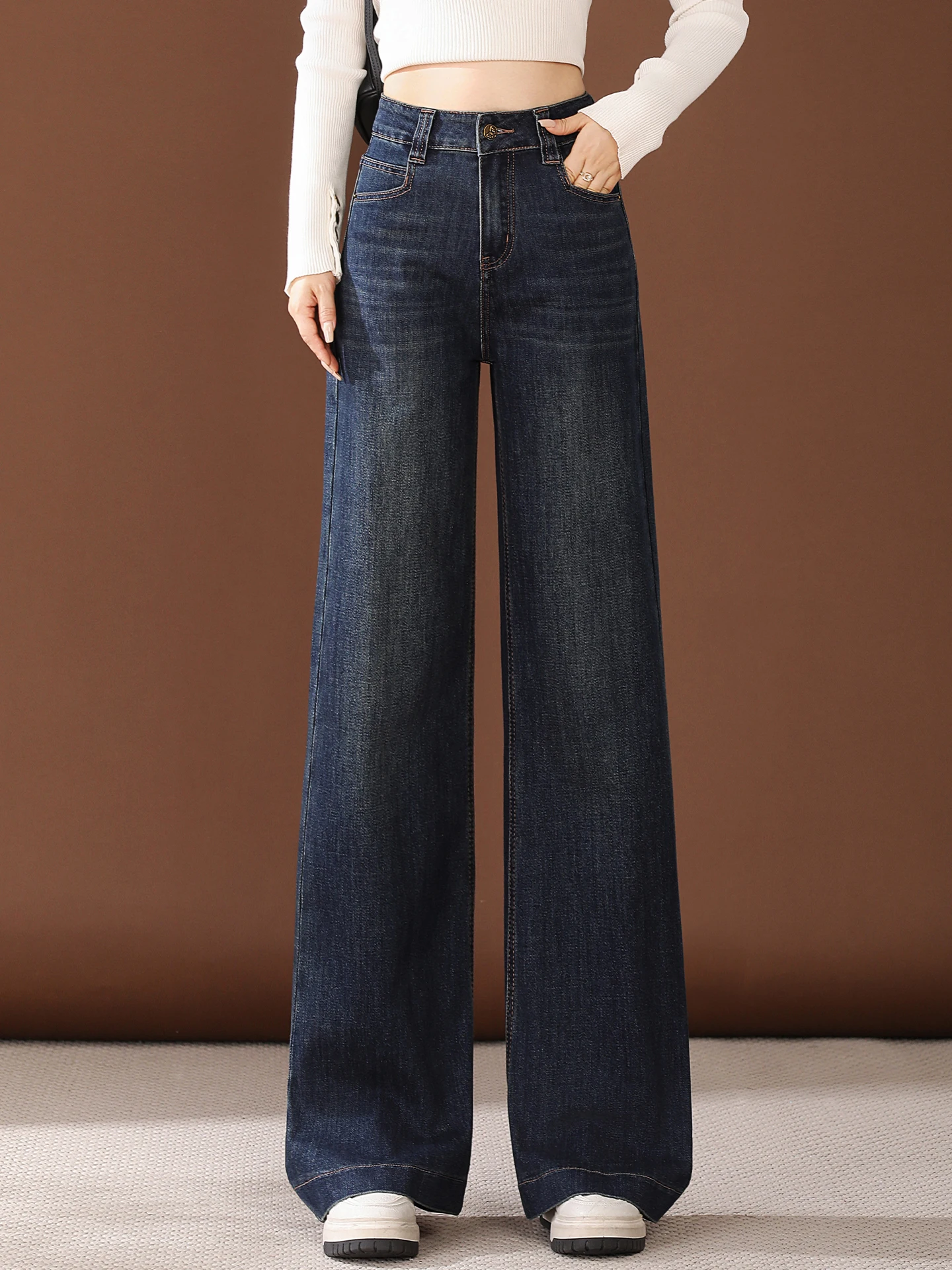 

Retro Blue Straight Leg Denim Jeans Women's Spring Autumn Winter New Fashion High Waist Slimming Fleece Wide Leg Pants