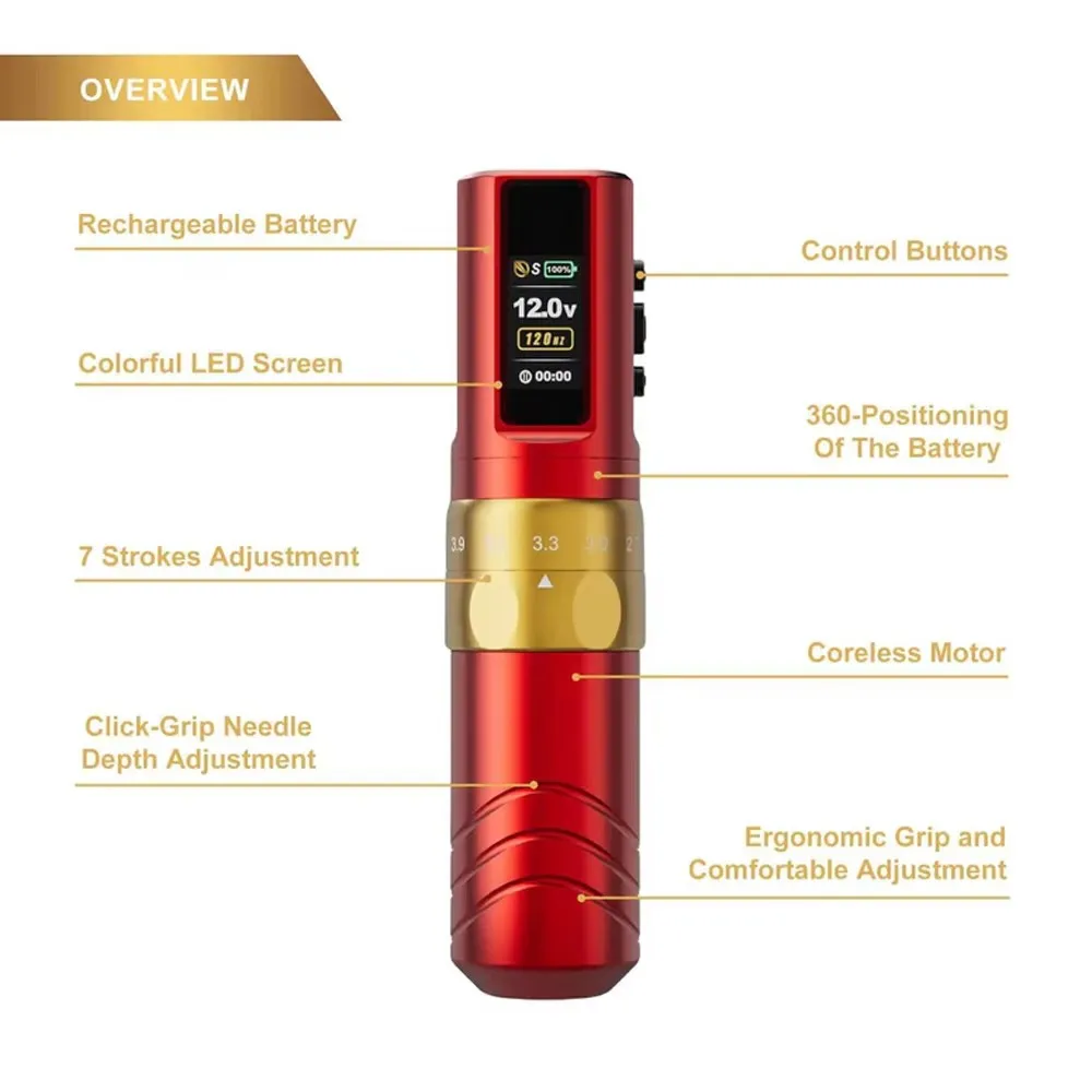 JCONLY EPOCH ماكينة قلم الوشم اللاسلكية 7 أشواط قابلة للتعديل وقابلة لإعادة الشحن وبطارية عالية السعة لفنانين الوشم على هيئة الفن