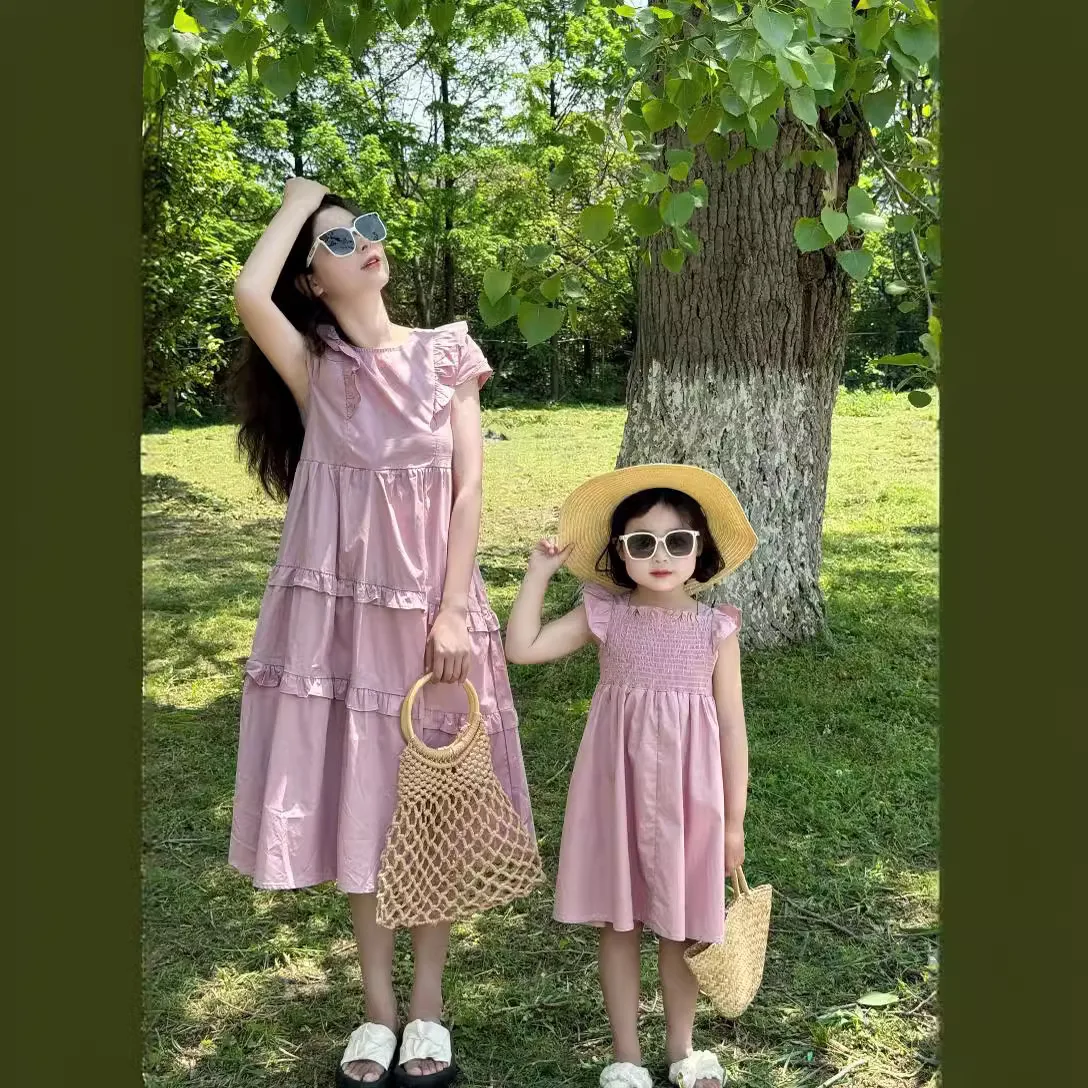 

Children Clothing Pink Gentle Temperament Parent Child Clothing 2024 Summer New Korean Style Simple Mother Daughter Cotton Dress