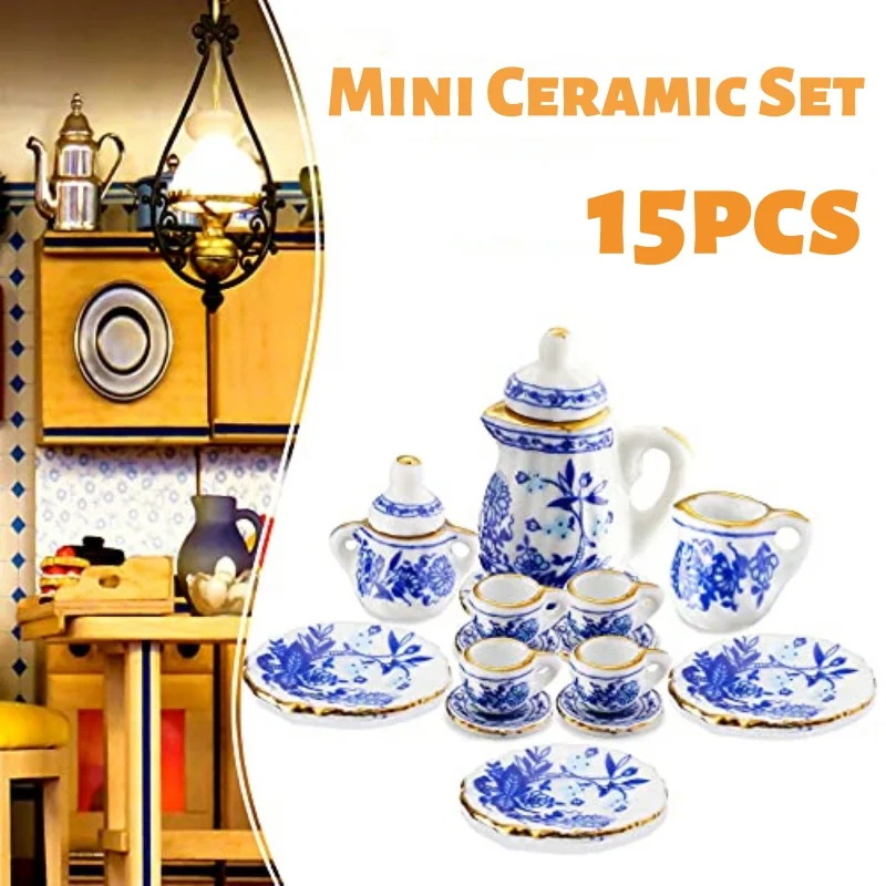 15-teiliges Mini-Teekannen-Set, Miniatur-Puppenhaus-Teetasse-Set aus Porzellan im Maßstab 1:12, blau und weiß, rote Rose