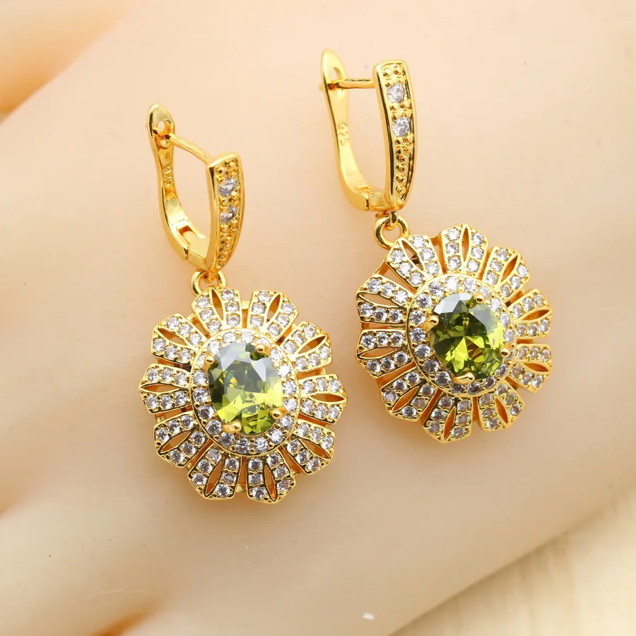 Olive Green Zirconia Gold Plated Jewelry Sets for Women Earrings Necklace Pendant Open Ring Bracelet Christmas Birthday Gift