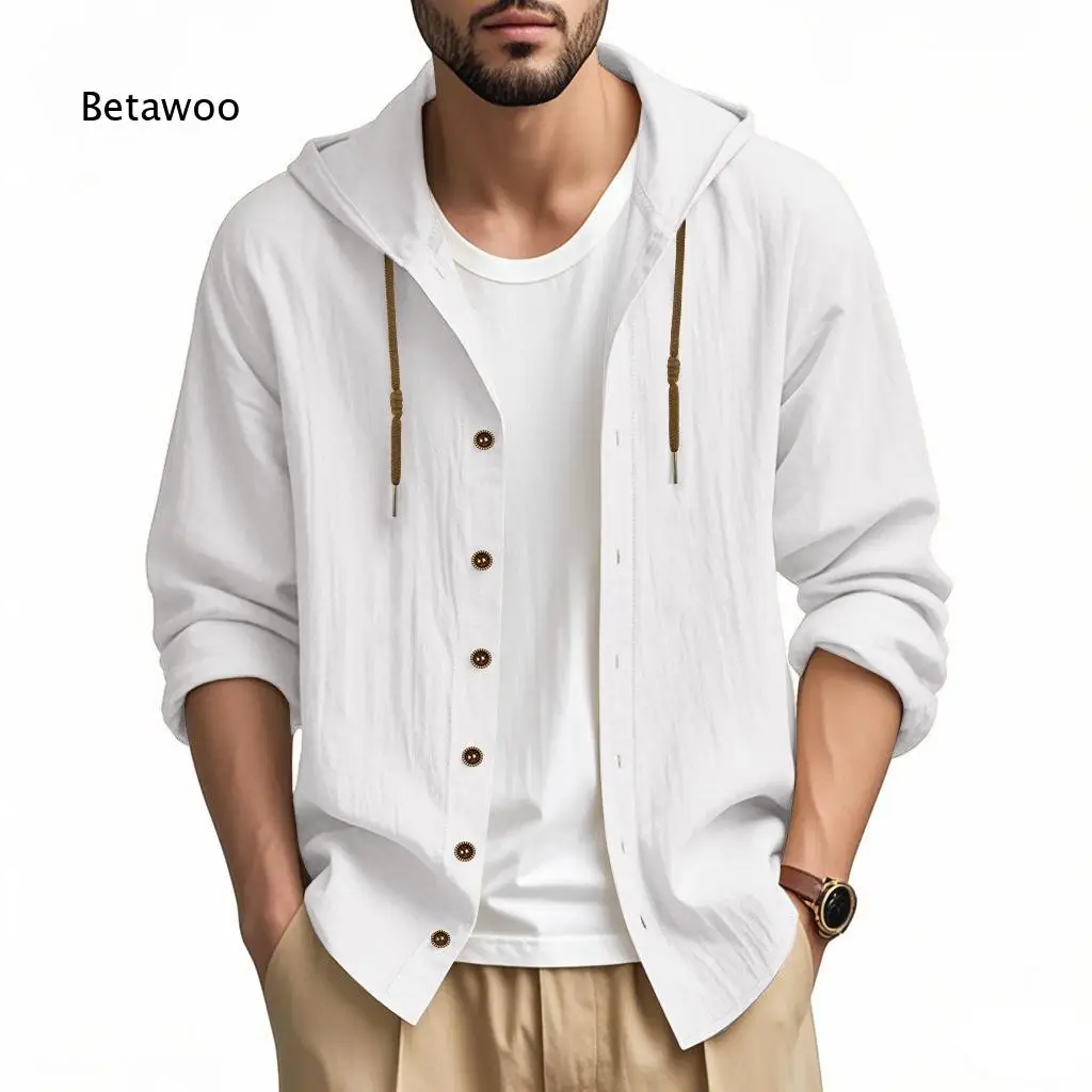 Men Hooded Long Sleeve Button Shirt Drawstring Loose Breathable Casual Top for Daily Beach Vacation Outdoor Travel Wear