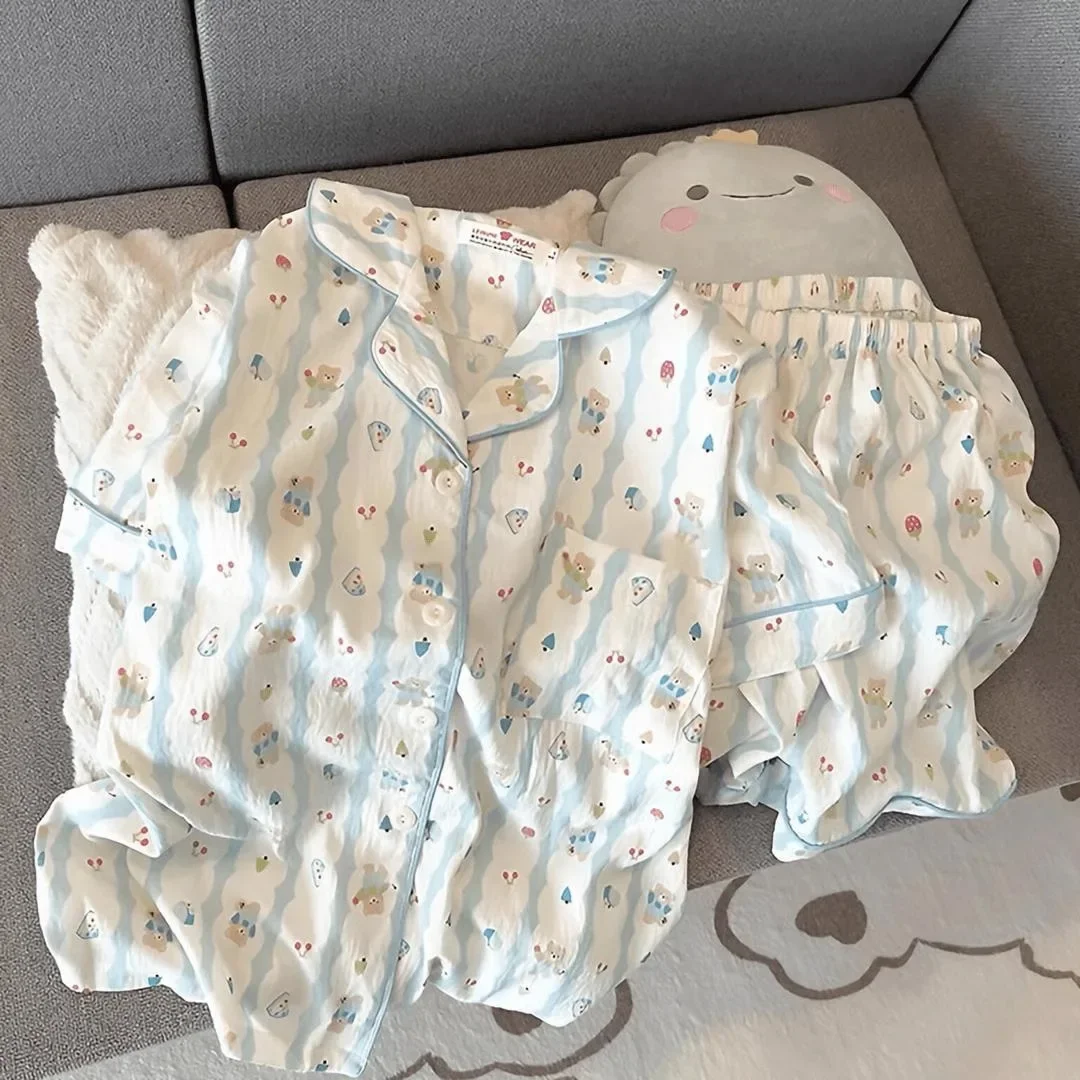 New Women's Pajama Set Summer Print Shorts Pyjama Pour Femme Korean Kawaii Home wear Sleepwear Two Piece Set Cardigan Loungewear