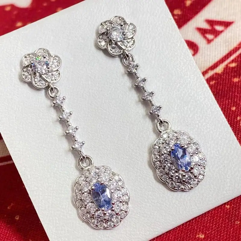 

ZECAA 925 Fine Jewelry Woman Tanzanite Drop Earrings With Natural Tanzanite Gemstone 3*5mm Lady S925 Silver Drop Earrings