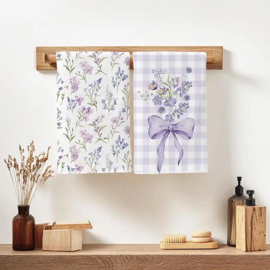 2Pcs, Purple Checkered Bow and Floral Kitchen Towels, 40Cm*60Cm Towel Set, Best Kitchen Towels, Super Absorbent Soft Cleaning Cloth, Cooking and Baking Tea Towels, Hand Towels, Cleaning Cloths, Dishcloths, Kitchen Decor, Living Room Decorations, Kitchen Essentials, Home Essentials