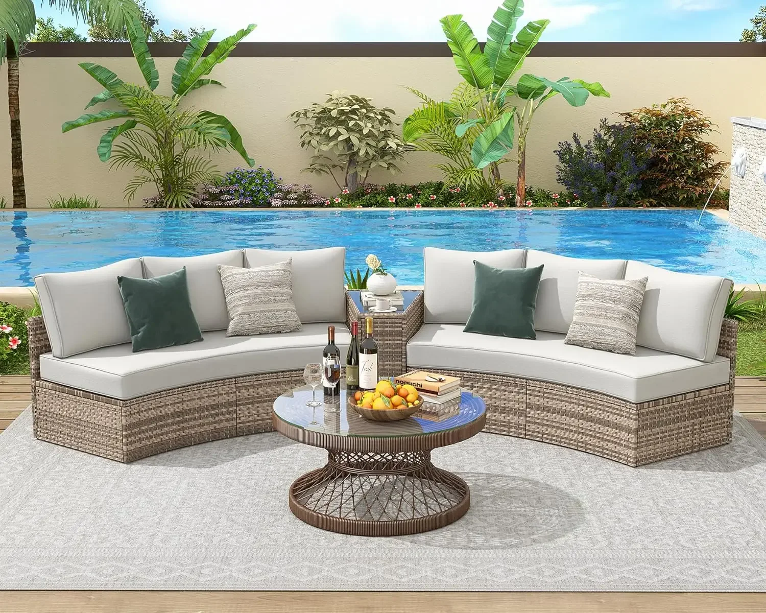 

Patio Conversation Set, Half-Moon Sectional Round Patio Furniture Set, with Large Storage Wedge Table Wicker Sofa Set