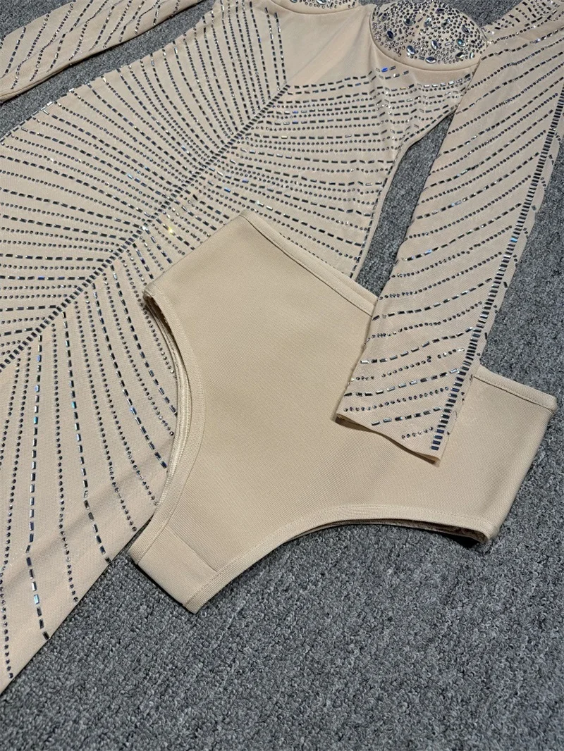 Cristais de luxo bege feminino vestido de baile 2 pçs conjunto saia calças curtas + vestido festa formal mangas completas noite feriado aniversário robe