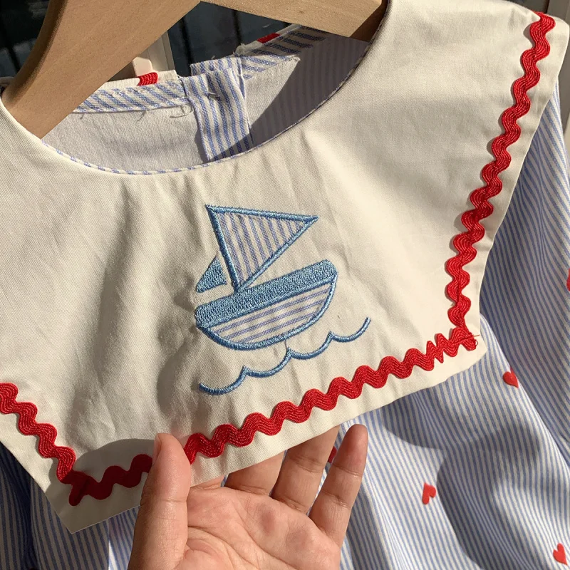 

Overseas Purchase Navy Style Small Sailboat Embroidered Girl's Dress2025Autumn Striped Long Sleeve Children's Dress College Styl