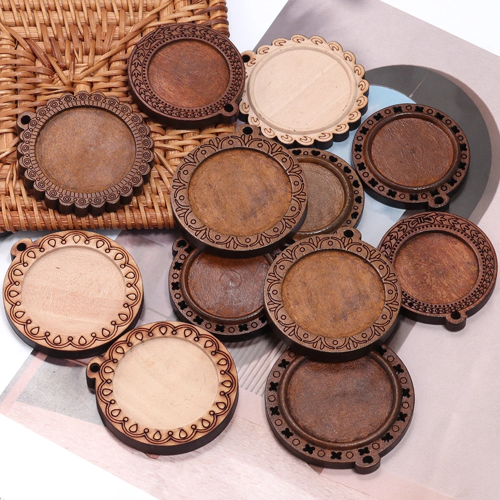 5 sztuk/partia losowe mieszane Vintage drewniane Cabochon ustawienia podstawy puste drewniane Cabochon wisiorek tace Diy biżuteria na naszyjnik Makings