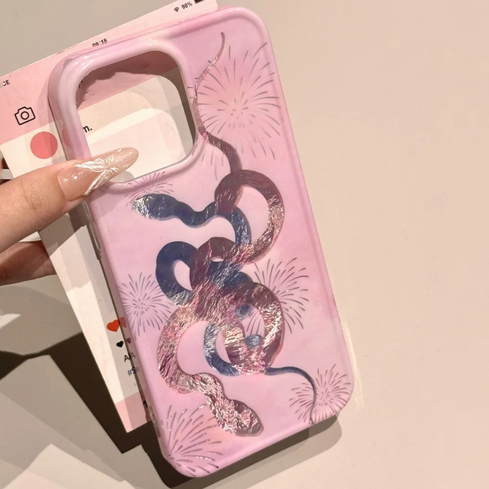 Cute Fireworks Hollow Out Snake Phone Case For iPhone 16 15 Pro Max 14 13 Pro Style Cool Girl Shockproof Bumper Back Cover Shell