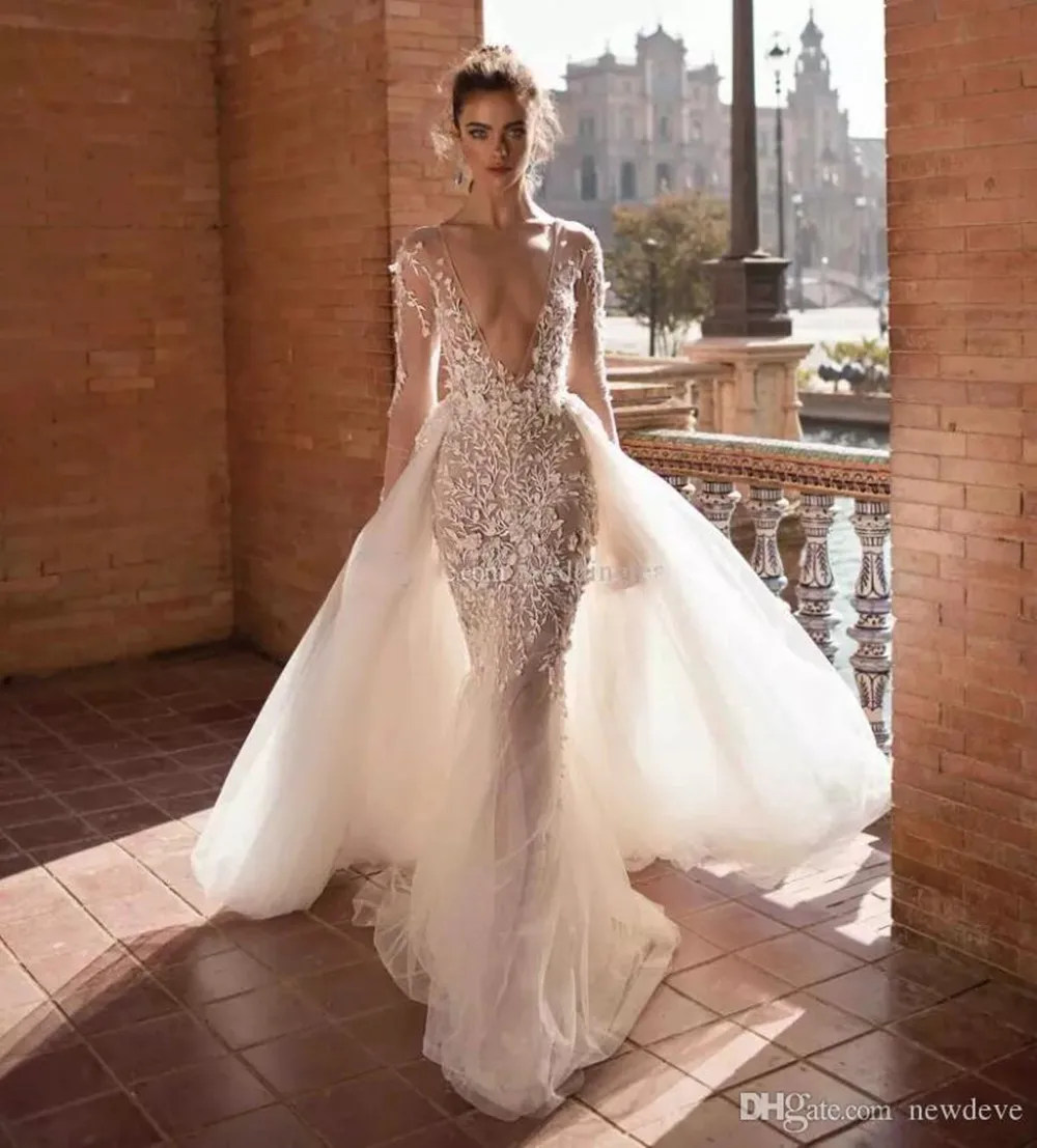 Nàng Tiên Cá Váy Áo Cổ V Sâu Overskirt Tay Dài Hở Lưng Cô Dâu VÁY BẦU REN Appliqued Voan Plus Kích Thước Vestidos De Novia