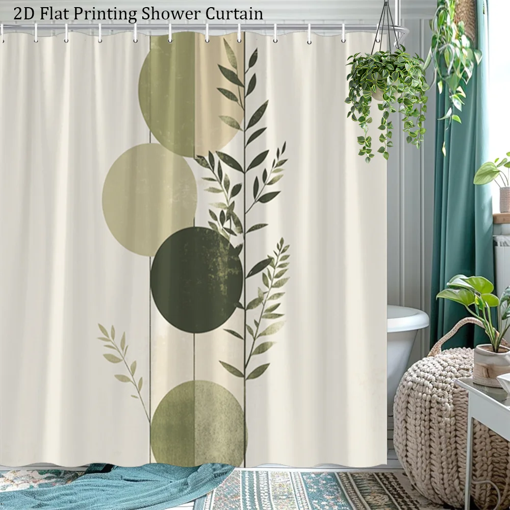 

1 шт. Современная минималистичная занавеска для душа с абстрактным кругом зеленого листа и оливкового цвета - бежевый и оливково-зеленый декор для ванной комнаты, полиэстер