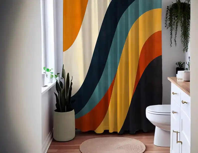 Retro Stripe Shower Curtain, Wavy Color Block Design in Orange Mustard Teal Black, Mid Century Modern Bathroom Decor