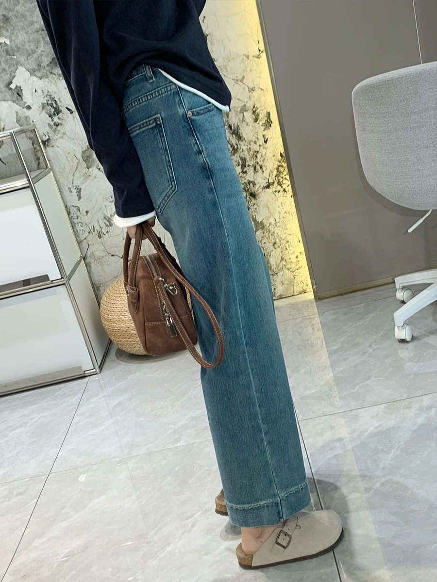 

Women's High Waist Soft Stretch Wide Leg Jeans Spring New Light Color Slim Nine Point Loose Straight Cotton Denim Pants