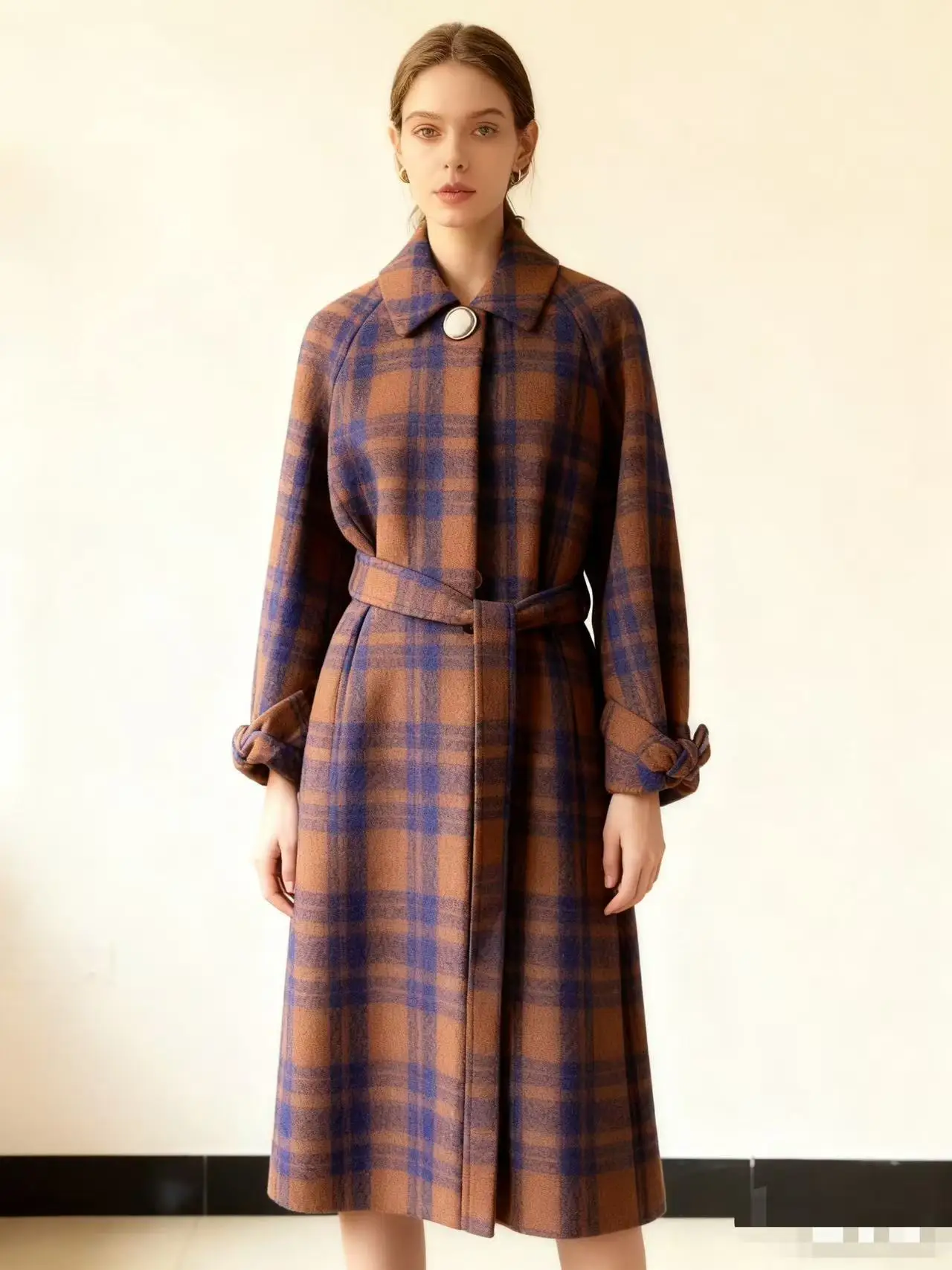 Damen Wollmantel mit Karomuster, Herbst- und Wintermantel aus Retro-Wollmischung, langärmeliger Wollmantel