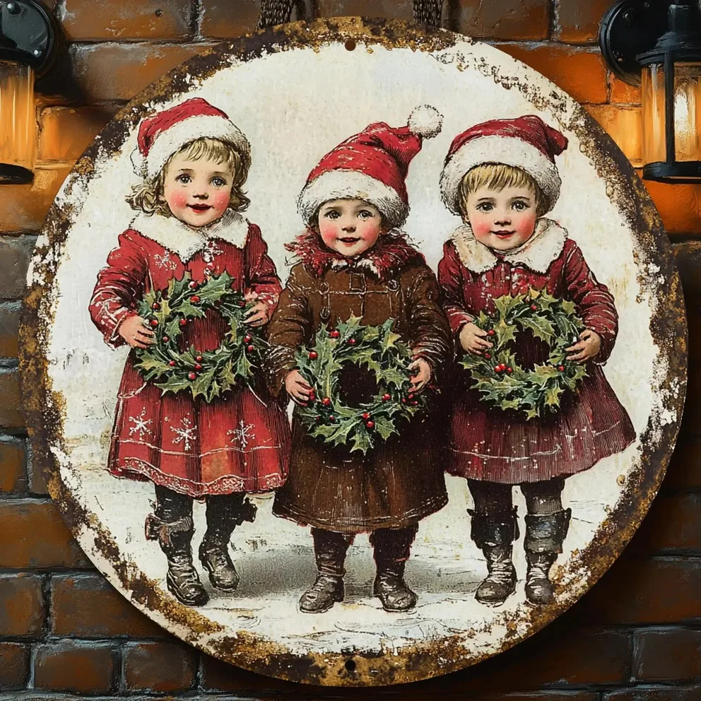 งานศิลปะติดผนังโลหะวินเทจคริสต์มาส ยังส์เตอร์ส&ฮอลลี่ -ป้ายอะลูมิเนียมทรงกลมขนาด 8x8 นิ้ว ของตกแต่งวันหยุดสุดคลาสสิกสำหรับบ้าน