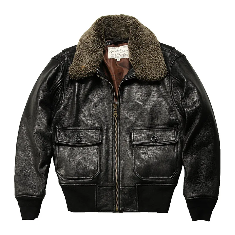 Winter Man\'s Real Fur Collar Legitimate Genuine Leather Coats Goatskin Wool collar Black Bomber Leather Jacket & Cothing