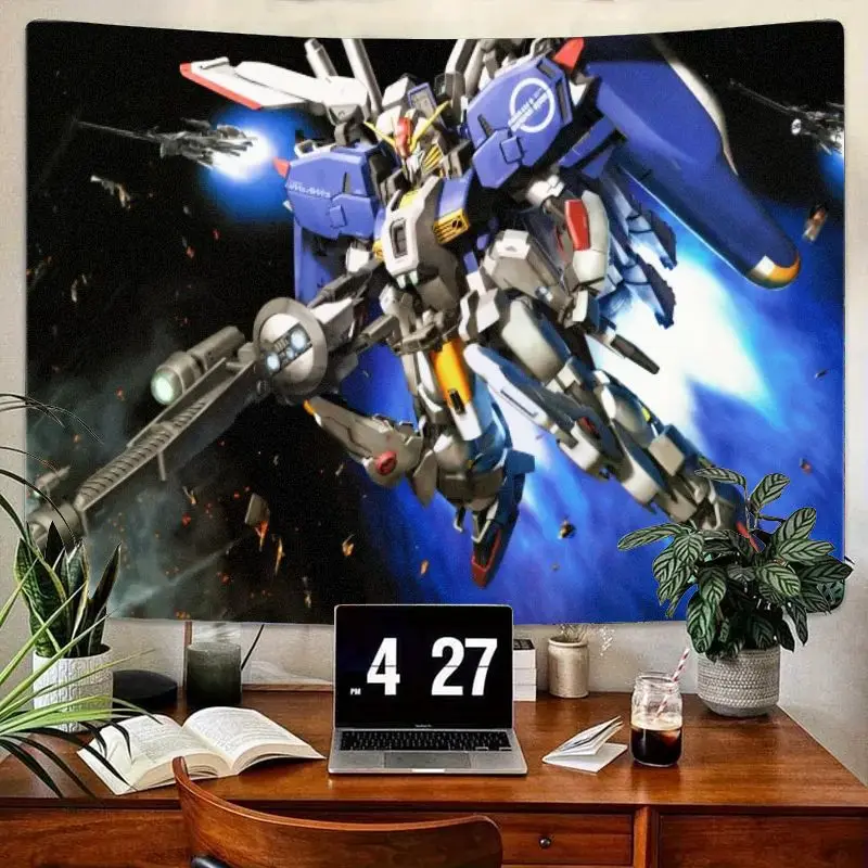 1PC Blue White Mecha Robot Gundam Space Theme Tapestry, Detailed Dynamic Scene with Light Effects, Wooden Desk Background Wall A