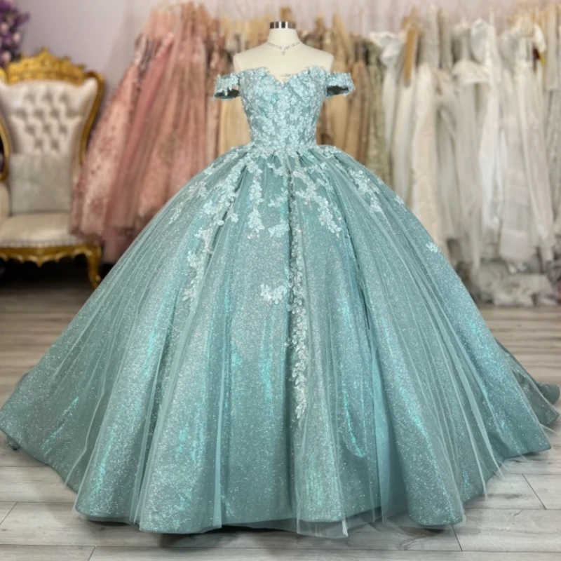 

Aqua Blue Shiny Ball Gown Quinceanera Dresses Off The Shoulder Applique Lace Beading Tull Party Birthday Sweet 16 Dress Vestidos