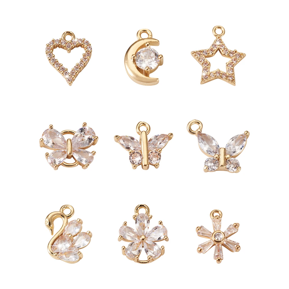 

18Pcs Metal Micro Clear Cubic Zirconia Pendants Butterfly & Heart & Swan & Flower Golden Color for Making DIY Jewelry Necklace